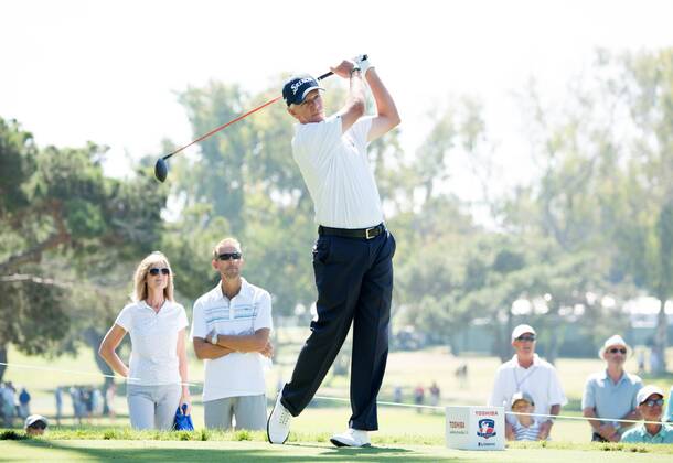 October 9, 2016 - Newport Beach, California, USA - Larry Mize makes a tee shot on the second hole during the final round of the Toshiba Classic at the Newport Beach Country Club on October 9, 2016 in Newport Beach, California. Toshiba Classic - Final Round - ZUMAg139