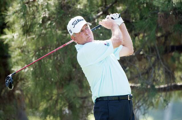 October 9, 2016 - Newport Beach, California, USA - Jay Haas makes a tee shot on the eleventh hole during the final round of the Toshiba Classic at the Newport Beach Country Club on October 9, 2016 in Newport Beach, California. Toshiba Classic - Final Round - ZUMAg139