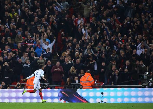 11.11.2016. Wembley Stadium, London, England. World Cup Qualifying Football. England versus Scotland. Daniel Sturridge of England celebrates heading past Scotland Goalkeeper Craig Gordon, 1-0 England xMarkxKertonx  ActionPlus11808471