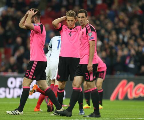 Dejection from Christophe Berra of Scotland following the England second goal during the FIFA World Cup WM Weltmeisterschaft Fussball Qualifying Group F match at Wembley Stadium, London. Picture date: November 11th, 2016. Pic David Klein Sportimage EDITORIAL USE ONLY. No use with unauthorised audio, video, data, fixture lists, club league logos or live services. Online in-match use limited to 120 images, no video emulation. No use in betting, games or single club league player publications.