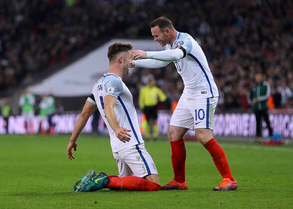 11.11.2016. Wembley Stadium, London, England. World Cup Qualifying Football. England versus Scotland. Gary Cahill of England celebrates with Wayne Rooney of after heading past Scotland Goalkeeper Gordon Greer and making it 3-0 xMarkxKertonx  ActionPlus11808499