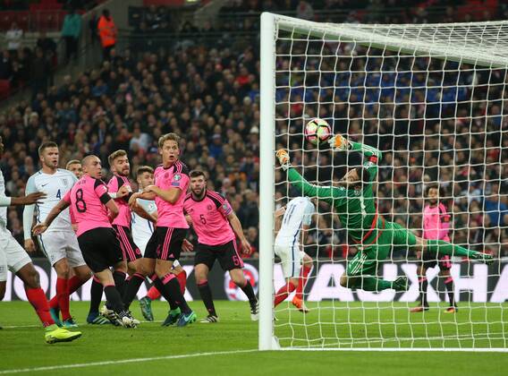 Gary Cahill of England scores the third goal past Craig Gordon of Scotland during the FIFA World Cup WM Weltmeisterschaft Fussball Qualifying Group F match at Wembley Stadium, London. Picture date: November 11th, 2016. Pic David Klein Sportimage EDITORIAL USE ONLY. No use with unauthorised audio, video, data, fixture lists, club league logos or live services. Online in-match use limited to 120 images, no video emulation. No use in betting, games or single club league player publications.