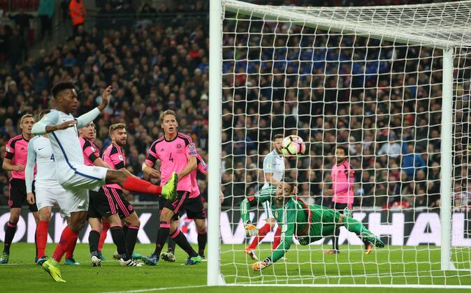 Gary Cahill of England scores the third goal past Craig Gordon of Scotland during the FIFA World Cup WM Weltmeisterschaft Fussball Qualifying Group F match at Wembley Stadium, London. Picture date: November 11th, 2016. Pic David Klein Sportimage EDITORIAL USE ONLY. No use with unauthorised audio, video, data, fixture lists, club league logos or live services. Online in-match use limited to 120 images, no video emulation. No use in betting, games or single club league player publications.