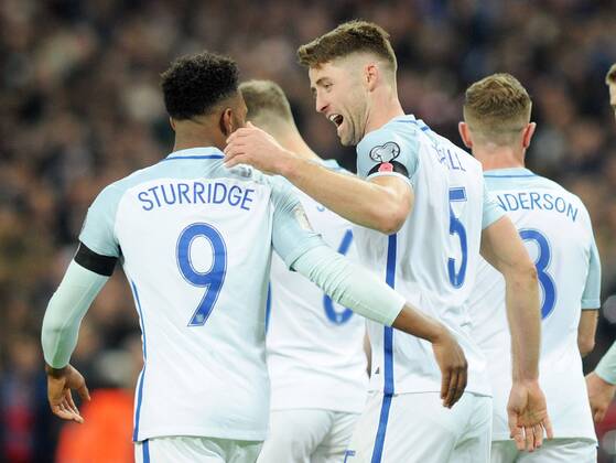 Football - 2016 2017 World Cup Qualifier - Group F: England vs. Scotland Gary Cahill celebrates his goal with fellow Goalscorer Daniel Sturridge at Wembley. COLORSPORT ANDREW COWIE 