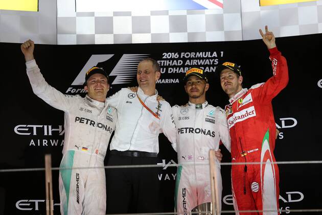 Abu Dhabi Grand Prix, UAE 24 - 27 November 2016 27.11.2016 - Race, 2nd place Nico Rosberg (GER) Mercedes AMG F1 W07 Hybrid and Champion 2016, Lewis Hamilton (GBR) Mercedes AMG F1 W07 Hybrid race winner and 3rd place Sebastian Vettel (GER) Scuderia Ferrari SF16-H 