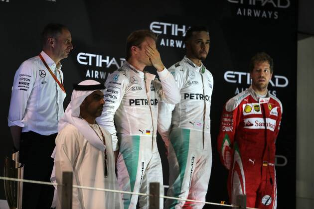 Abu Dhabi Grand Prix, UAE 24 - 27 November 2016 27.11.2016 - Race, 2nd place Nico Rosberg (GER) Mercedes AMG F1 W07 Hybrid and Champion 2016, Lewis Hamilton (GBR) Mercedes AMG F1 W07 Hybrid race winner and 3rd place Sebastian Vettel (GER) Scuderia Ferrari SF16-H 