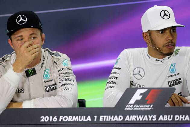 Abu Dhabi Grand Prix, UAE 24 - 27 November 2016 27.11.2016 - Race, press conference PK Pressekonferenz Nico Rosberg (GER) Mercedes AMG F1 W07 Hybrid and Lewis Hamilton (GBR) Mercedes AMG F1 W07 Hybrid 