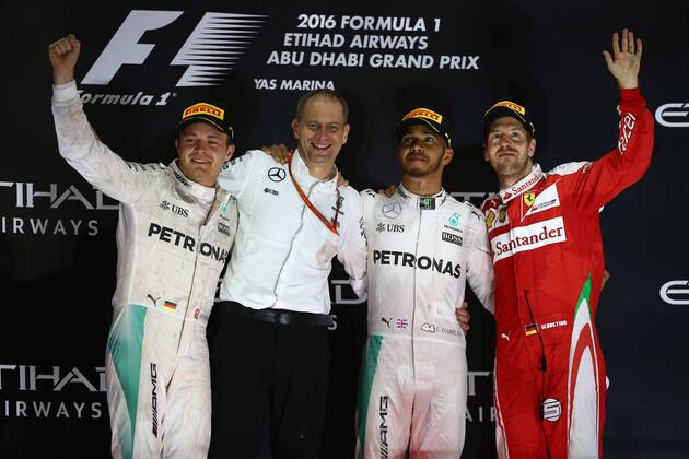 Abu Dhabi Grand Prix, UAE 24 - 27 November 2016 27.11.2016 - Race, 2nd place Nico Rosberg (GER) Mercedes AMG F1 W07 Hybrid and Champion 2016, Lewis Hamilton (GBR) Mercedes AMG F1 W07 Hybrid race winner and 3rd place Sebastian Vettel (GER) Scuderia Ferrari SF16-H 