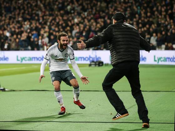 Manchester United ManU s Juan Mata celebrates scoring his sides opening goal during the Premier League match at the London Stadium, London. Picture date January 2nd, 2017 Pic David Klein Sportimage EDITORIAL USE ONLY. No use with unauthorised audio, video, data, fixture lists, club league logos or live services. Online in-match use limited to 120 images, no video emulation. No use in betting, games or single club league player publications.