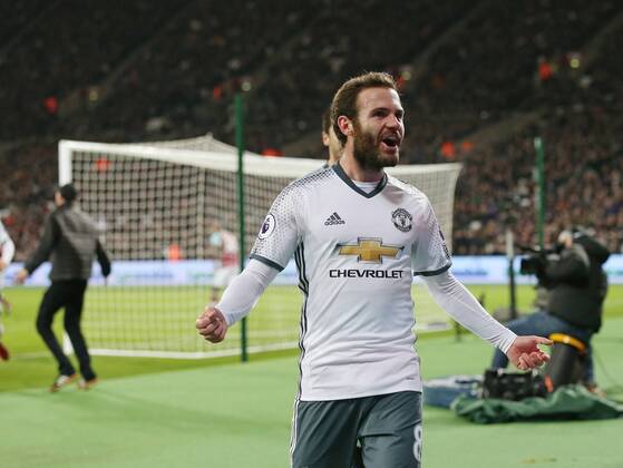 Manchester United ManU s Juan Mata celebrates scoring his sides opening goal during the Premier League match at the London Stadium, London. Picture date January 2nd, 2017 Pic David Klein Sportimage EDITORIAL USE ONLY. No use with unauthorised audio, video, data, fixture lists, club league logos or live services. Online in-match use limited to 120 images, no video emulation. No use in betting, games or single club league player publications.