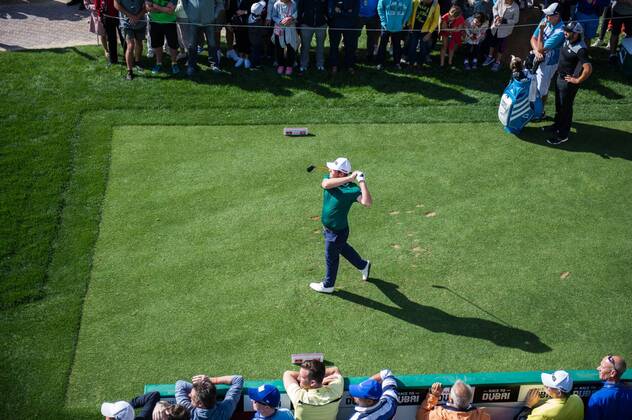 Tyrrell Hatton of England tees off at the 17th hole while completing his second round during the PGA Golf Herren European Tour Dubai Desert Classic Tournament Day 3 at the Emirates Golf Club, Dubai, UAE on 4 February 2017. Copyright: xGrantxWinterx 14030059
