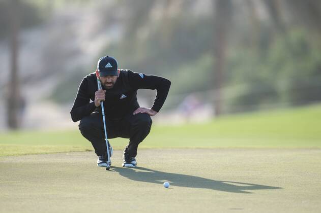 Sergio Garcia of Spain lines up a putt while completing his second round during the PGA Golf Herren European Tour Dubai Desert Classic Tournament Day 3 at the Emirates Golf Club, Dubai, UAE on 4 February 2017. Copyright: xGrantxWinterx 14030062