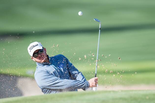 George Coetzee of South Africa plays from the bunker while completing his second round during the PGA Golf Herren European Tour Dubai Desert Classic Tournament Day 3 at the Emirates Golf Club, Dubai, UAE on 4 February 2017. Copyright: xGrantxWinterx 14030068