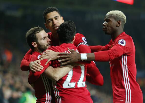 Manchester United ManU s Juan Mata celebrates scoring his sides third goal during the Premier League match at the King Power Stadium, Leicester. Picture date February 5th, 2017 Pic David Klein Sportimage EDITORIAL USE ONLY. No use with unauthorised audio, video, data, fixture lists, club league logos or live services. Online in-match use limited to 120 images, no video emulation. No use in betting, games or single club league player publications.