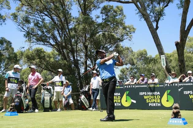 February 18th 2017, Lake Karrinyup Country Club, Perth, Western Australia, Australia; ISPS Handa World Super 6 Perth Golf Tournament Day 3 SS.P Chawrasia (IND) drives off the 9th tee during his round on day 3. xDavidxWoodleyx  ActionPlus11847403