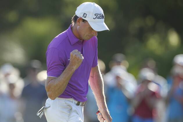 February 19th 2017, Lake Karrinyup Country Club, Perth, Western Australia, Australia; ISPS Handa World Super 6 Perth Golf Tournament Day 4; Brett Rumford (AUS) pumps his fist after taking the lead on the 4th hole during the Final against Phachara Khongwatmai (THA) xDavidxWoodleyx  ActionPlus11848426