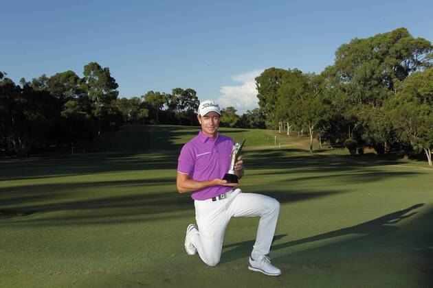 February 19th 2017, Lake Karrinyup Country Club, Perth, Western Australia, Australia; ISPS Handa World Super 6 Perth Golf Tournament Day 4; Brett Rumford (AUS) holds the winners trophy after beating Phachara Khongwatmai (THA) xDavidxWoodleyx  ActionPlus11848430