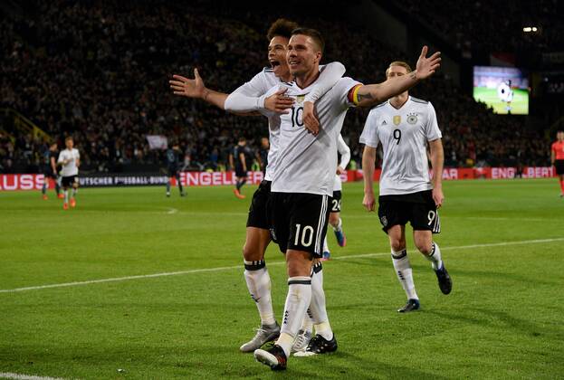 22.03.2017, xfux, Fussball Freundschaftsspiel, Deutschland - England, emspor, v.l. Leroy Sane (Deutsche Fussball Nationalmannschaft DFB), Lukas Podolski (Deutsche Fussball Nationalmannschaft DFB) Torjubel, Goal celebration, celebrate the goal zum 1:0 Dortmund