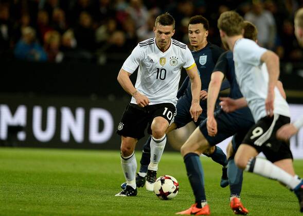 22.03.2017, xfux, Fussball Freundschaftsspiel, Deutschland - England, emspor, v.l. Lukas Podolski (Deutsche Fussball Nationalmannschaft DFB) Goal scored, Tor zum 1:0 Dortmund