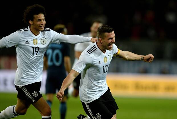 22.03.2017, xfux, Fussball Freundschaftsspiel, Deutschland - England, emspor, v.l. Leroy Sane (Deutsche Fussball Nationalmannschaft DFB), Lukas Podolski (Deutsche Fussball Nationalmannschaft DFB) Torjubel, Goal celebration, celebrate the goal zum 1:0 Dortmund