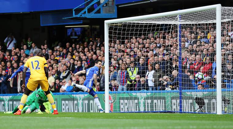 Chelsea s Cesc Fabregas scoring his sides opening goal during the Premier League match at the Stamford Bridge Stadium, London. Picture date: April 1st, 2017. Pic credit should read: David Klein Sportimage via PA Images EDITORIAL USE ONLY. No use with unauthorised audio, video, data, fixture lists, club league logos or live services. Online in-match use limited to 120 images, no video emulation. No use in betting, games or single club league player publications.
