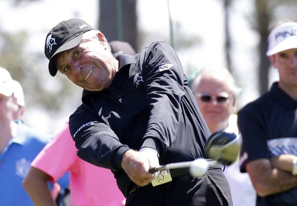 Gary Player hits a tee shot while playing a practice round at the 2017 Masters Tournament at Augusta National Golf Club in Augusta, Georgia on April 2, 2017.  AUG20170402107 JOHNxANGELILLO