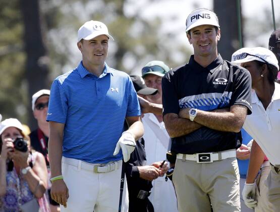 Bubba Watson and Jordan Spieth wait to hit a tee shot while playing a practice round at the 2017 Masters Tournament at Augusta National Golf Club in Augusta, Georgia on April 2, 2017.  AUG20170402111 JOHNxANGELILLO
