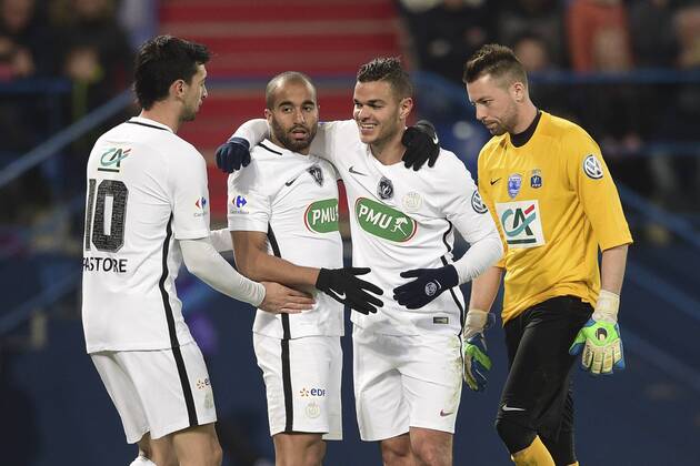 joie des joueurs du PSG apres le but de LUCAS MOURA (PSG) FOOTBALL : US Avranches MSM (Nat) vs PSG (L1) - 1 4 finale- coupe de France - 05 04 2017 JBAutissier Panoramic 