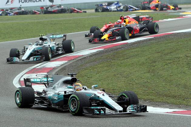 (170409) -- SHANGHAI, April 9, 2017 -- Mercedes driver Lewis Hamilton (Front) of Britain drives during the Formula One Chinese Grand Prix at the Shanghai International Circuit in Shanghai, east China, April 9, 2017. ) (SP)CHINA-SHANGHAI-F1-2017 CHINESE GRAND PRIX(CN) fanxjun 
