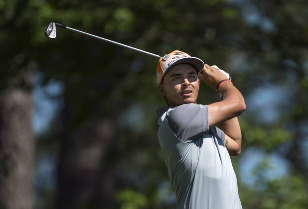 Ricky Fowler hits off the fourth tee box during the fourth round of the 2017 Masters Tournament at Augusta National Golf Club in Augusta, Georgia on April 9, 2017.  AUG20170409304 KEVINxDIETSCH