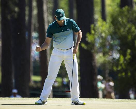 Sergio Garcia celebrates after making a putt for birdie on the 3rd green during the fourth round of the 2017 Masters Tournament at Augusta National Golf Club in Augusta, Georgia on April 9, 2017.  AUG20170409308 KEVINxDIETSCH