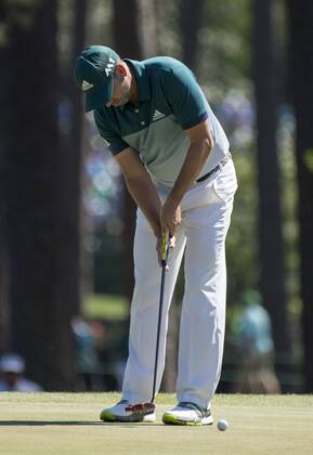 Sergio Garcia putts for birdie on the 3rd green during the fourth round of the 2017 Masters Tournament at Augusta National Golf Club in Augusta, Georgia on April 9, 2017.  AUG20170409309 KEVINxDIETSCH