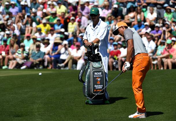 April 9, 2017 - Augusta, GA, USA - Rickie Fowler chips his ball onto the second green during the final round of the Masters Tournament on Sunday, April 9, 2017 at Augusta National Golf Club in Augusta, Ga. 2017 Masters Round 4 - ZUMAm67_ 20170409_zaf_m67_031 Copyright: xJeffxSinerx