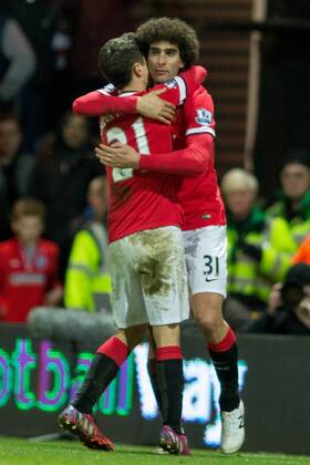 Manchester United ManU s Marouane Fellaini is congratulated by teammate Ander Herrera during the The FA Cup match between Preston North End and Manchester United at Deepdale, Preston, England on 16 February 2015. Copyright: xJamesxWilliamsonx 02360029