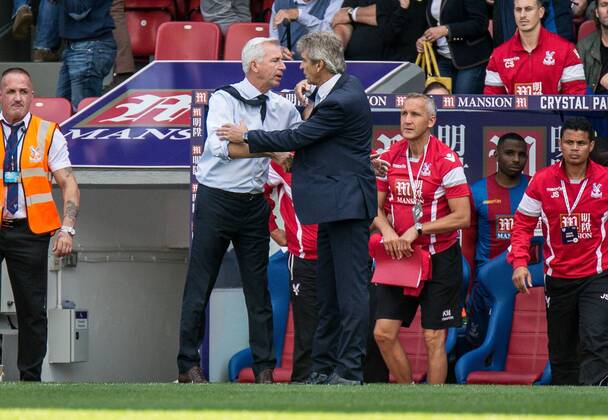 Manuel Pellegrini manager of Manchester City and Alan Pardew Manager of Crystal Palace shake hands after the Barclays Premier League match between Crystal Palace and Manchester City at Selhurst Park, London, England on 12 September 2015. Copyright: xLiamxMcAvoyx 05870058