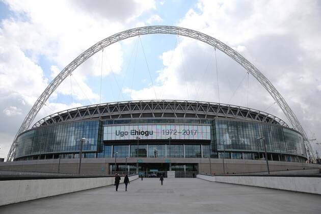 April 22nd 2017, Wembley Stadium, London England; Emirates FA Cup semi-final Chelsea versus Tottenham Hotspur; Tribute on the big screen outside Wembley Stadium to former Aston Villa and England International Ugo Ehiogu who passed away yesterday xJohnxPatrickxFletcherx  ActionPlus11870464