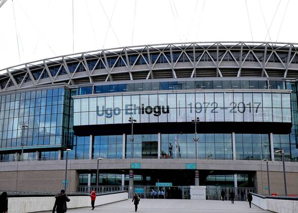 April 22nd 2017, Wembley Stadium, London England; Emirates FA Cup semi-final Chelsea versus Tottenham Hotspur; Tribute on the big screen outside Wembley Stadium to former Aston Villa and England International Ugo Ehiogu who passed away yesterday xJohnxPatrickxFletcherx  ActionPlus11870465