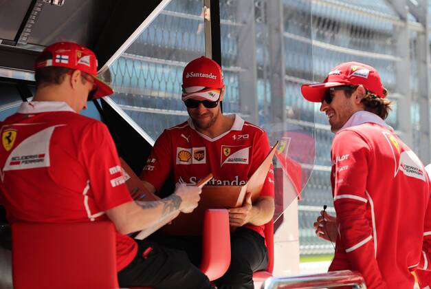 Russian Grand Prix, Sochi 27 - 30 April 2017 27.04.2017 - Kimi Raikkonen (FIN) Scuderia Ferrari SF70H, Sebastian Vettel (GER) Scuderia Ferrari SF70H and Antonio Giovinazzi (ITA) Test Driver, Scuderia Ferrari