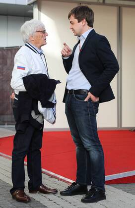 SOCHI, RUSSIA - APRIL 27, 2017: Bernard Charles Bernie Ecclestone (L), president of the Formula One Management and Formula 1 Administration (FOA), and Formula 1 Russian Grand Prix promoter Sergey Vorobyev in a paddock at the Sochi Autodrom racing circuit ahead of the 2017 Formula One Russian Grand Prix. Vyacheslav Prokofyev TASS  TS049E6B
