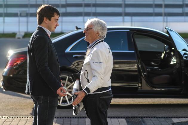 SOCHI, RUSSIA - APRIL 27, 2017: Bernard Charles Bernie Ecclestone (R), president of the Formula One Management and Formula 1 Administration (FOA), and Formula 1 Russian Grand Prix promoter Sergey Vorobyev talking in a paddock at the Sochi Autodrom racing circuit ahead of the 2017 Formula One Russian Grand Prix. Vyacheslav Prokofyev TASS  TS049E6F