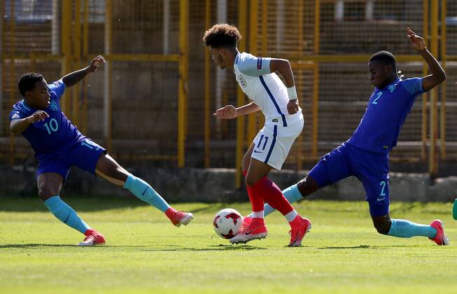 PXL_UEFA European U-17 Championship, group D, England vs. Netherlands 10.05.2017., Zapresic, Croatia - UEFA European U-17 Championship 2017, group D, 3rd round, England vs. Netherlands. Juan Familio-Castillo, Jadon Sancho, Lutsharel Geertruida. IgorxKralj PIXSELL