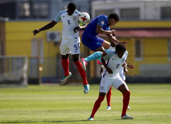 PXL_UEFA European U-17 Championship, group D, England vs. Netherlands 10.05.2017., Zapresic, Croatia - UEFA European U-17 Championship 2017, group D, 3rd round, England vs. Netherlands. Marc Guehi, Juan Familio-Castillo, Tashan Oakley-Boothe. IgorxKralj PIXSELL