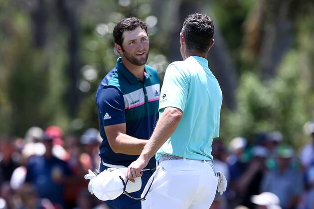 May 12, 2017 - Ponte Vedra Beach, Florida, United States - Jon Rahm (L) shakes hands with Justin Rose on the 9th green after the second round of The PLAYERS Championship at TPC Sawgrass. Golf 2017: The PLAYERS Championship - Round 2 - ZUMAw109 20170512_zap_w109_044 Copyright: xDebbyxWongx