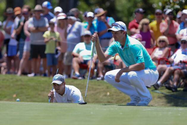 May 12, 2017 - Ponte Vedra Beach, Florida, United States - Martin Kaymer (L) and Justin Rose line up putts on the 9th green during the second round of The PLAYERS Championship at TPC Sawgrass. Golf 2017: The PLAYERS Championship - Round 2 - ZUMAw109 20170512_zap_w109_043 Copyright: xDebbyxWongx