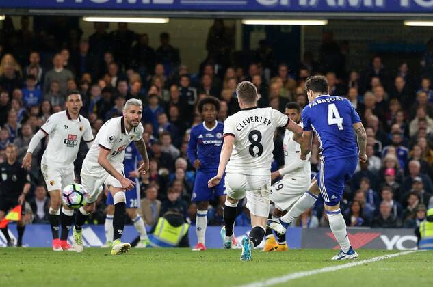 Chelsea s Cesc Fabregas scoring his sides fourth goal during the Premier League match at Stamford Bridge Stadium, London. Picture date: May 15th, 2017. Pic credit should read: David Klein Sportimage EDITORIAL USE ONLY. No use with unauthorised audio, video, data, fixture lists, club league logos or live services. Online in-match use limited to 120 images, no video emulation. No use in betting, games or single club league player publications.