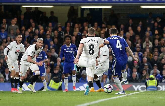 Chelsea s Cesc Fabregas scoring his sides fourth goal during the Premier League match at Stamford Bridge Stadium, London. Picture date: May 15th, 2017. Pic credit should read: David Klein Sportimage EDITORIAL USE ONLY. No use with unauthorised audio, video, data, fixture lists, club league logos or live services. Online in-match use limited to 120 images, no video emulation. No use in betting, games or single club league player publications.