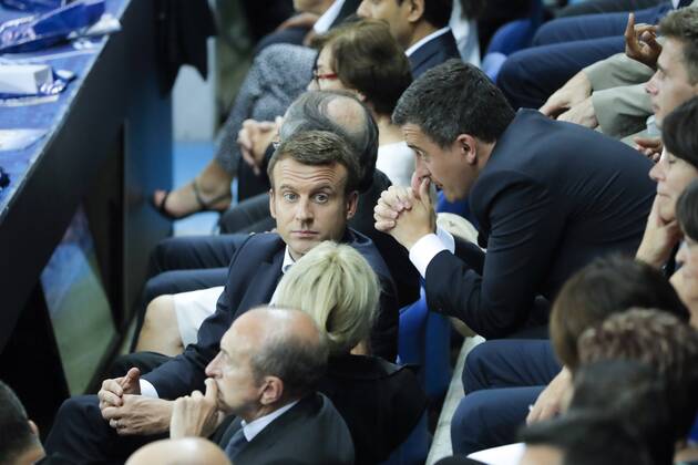 Emmanuel Macron, president de la Republique francaise, Gerald DARMANIN, ministre de l Action et des Comptes publics, BRIGITTE TROGNEUX MACRON FOOTBALL : PSG vs SCO Angers - Finale Coupe de France - 27 05 2017 StephaneAllaman Panoramic