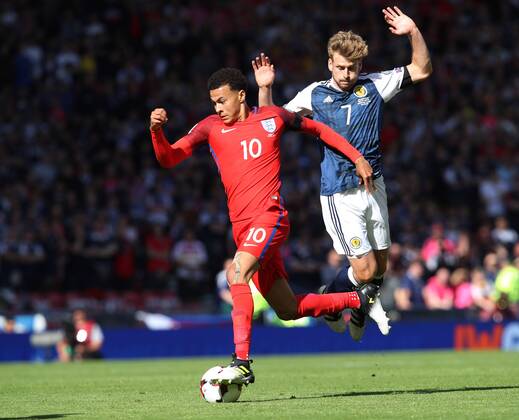 Scotland s Stuart Armstrong tussles with England s Dele Alli during the FIFA World Cup WM Weltmeisterschaft Fussball Qualifying match at Hampden Park Stadium, Glasgow Picture date 10th June 2017. Picture credit should read: David Klein Sportimage EDITORIAL USE ONLY. No use with unauthorised audio, video, data, fixture lists, club league logos or live services. Online in-match use limited to 120 images, no video emulation. No use in betting, games or single club league player publications.