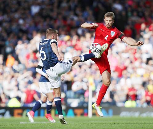 Scotland s James Morrison tussles with England s Eric Dier during the FIFA World Cup WM Weltmeisterschaft Fussball Qualifying match at Hampden Park Stadium, Glasgow Picture date 10th June 2017. Picture credit should read: David Klein Sportimage EDITORIAL USE ONLY. No use with unauthorised audio, video, data, fixture lists, club league logos or live services. Online in-match use limited to 120 images, no video emulation. No use in betting, games or single club league player publications.