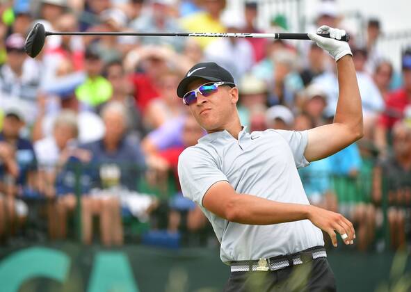 Cameron Champ hits off the 1st tee during round 3 of the 117th U.S. Open golf tournament at Erin Hill golf course on June 17, 2017 in Erin, Wisconsin.  WIS20170617317 KEVINxDIETSCH